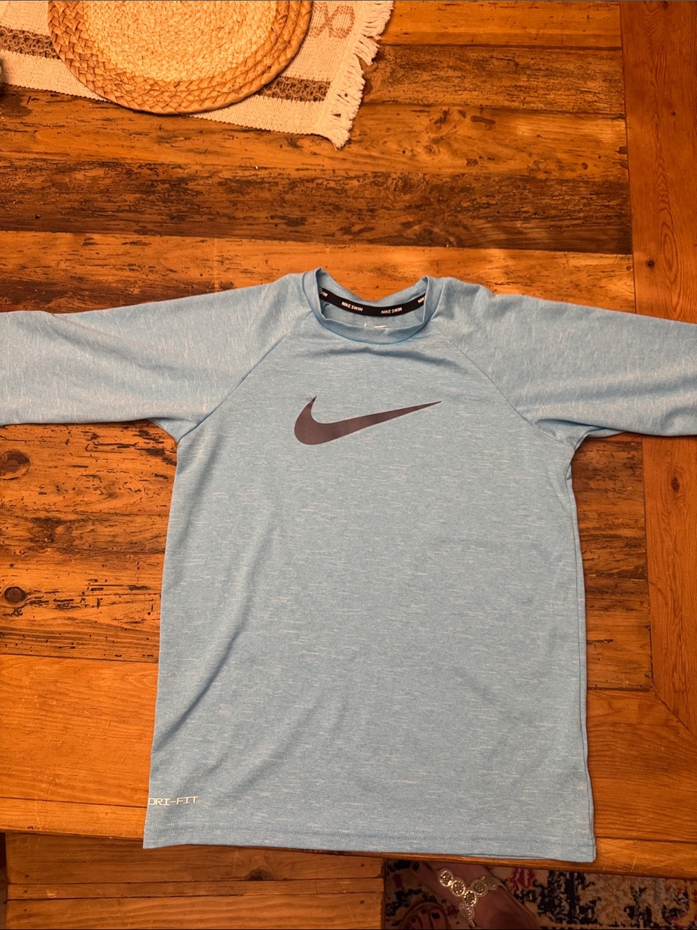 Nike Kids Light Blue Swim Rashguard with Black Swoosh